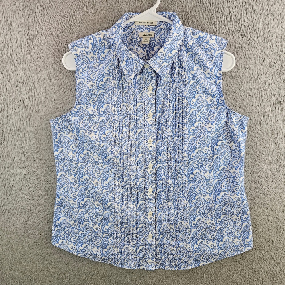 LL Bean Womens M Petite Blue White Paisley Pintuck Sleeveless Button Down Top